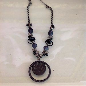 Vintage Black Beaded Necklace with Circle Medallion